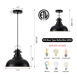 Haolaike Industrial Pendant Light Fixture, Farmhouse Decor Adjustable Metal Hanging Lamp, Vintage Pendant Lighting for Kitchen Restaurant Dining Room Cafe, E26 Base Black (Black, 1 Pack)
