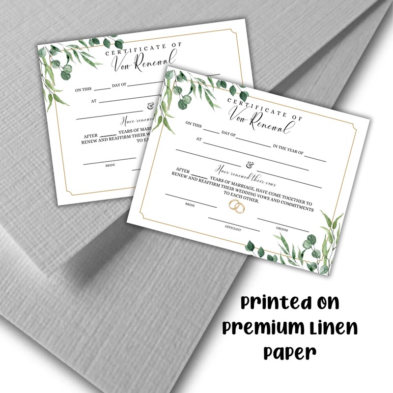 Vow Renewal Certificate on Linen 6pk 8.5x11” Marriage License Gold