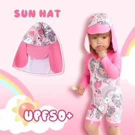 Toddler Baby Girls Swimsuit One-Piece Zipper Swimwear UPF 50+ Sun Protection Bathing Suit with Hat Pink