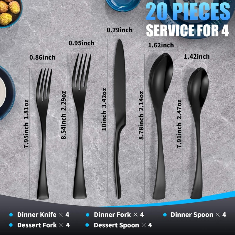 Lemeya 20-Piece Black Silverware Set for 4,Heavy Duty 18/10 Stainless