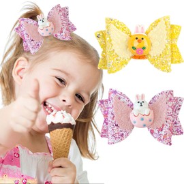 2PCS Easter Bows Clips Glitter Bunny Hair Clips Hairpin with Cartoon Bunny and Chick Hair Bows Headwear Party Supplies Egg Hair Accessories for Girls in Easter Party Holiday