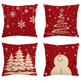 Avezano Red Christmas Cushion Covers 45 x 45 cm Snowman Xmas Tree Cushion Covers Winter Snowflake Christmas Pillow Covers for Sofa Couch Bed Home Decorations Set of 4
