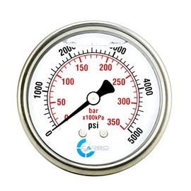 CARBO Instruments 2" Pressure Gauge, Stainless Steel Case, Chrome Plated Brass Connection, Liquid Filled, 0-5000 psi/kPa, Back Mount 1/4" NPT