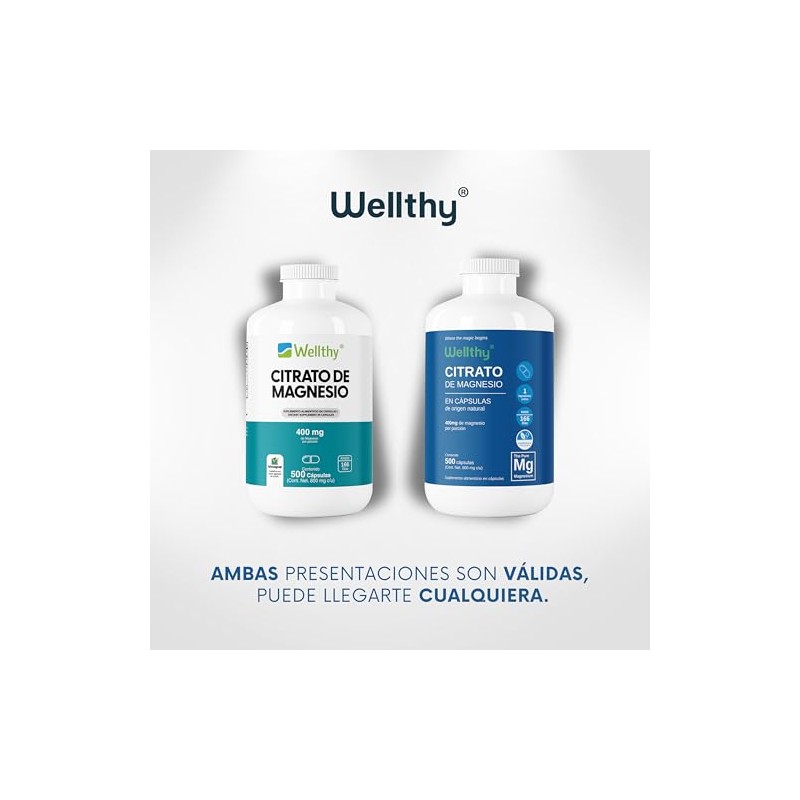 Wellthy Citrato de Magnesio Premium 500 Cápsulas 400mg. 100% Natural,