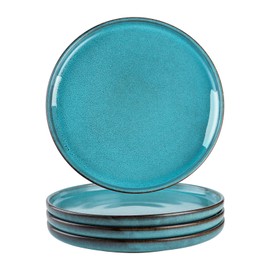 Henten Home 10 Inch Ceramic Dinner Plates, Porcelain Steak Plates Set of 4, Fluted Round Plates for Kitchen, Pasta, Salad Stonware Dishes, Scratch Resistant (Turquoise)
