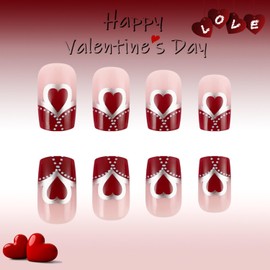 Valentines Press on Nails Medium Square Fake Nails Dark Red False Nails with Sliver Glitter Designs Heart Glossy Stick on Nails Glue on Nails Valentines Nails Acrylic Nails for Women Girls 24 Pcs