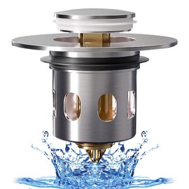 Brass Pop Up Sink Stopper for Bathroom Sink Brushed Nickel, Large Drain Stopper with Detachable Basket Anti-Clogging and Drains Fast for 1-1/3 to 1-5/8'' Drain Holes