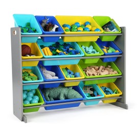 Humble Crew Extra-Large Toy Organizer, 16 Storage Bins, Grey/Blue/Green/Yellow,15.5"D x 42"W x 35"H