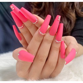 Vatocu Coffin Matt Artificial Nails Long Pink False Nails Crystal Plain Press on Nails Ballerina Acrylic Stick on Nails for Women and Girls (Pack of 24)