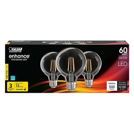 Feit Electric G2560/930CA/FIL/3/RP LED Filament Glass Globe Bulbs, Pack of 3; E26 Base; G25 Shape; 3000K; Dimmable; 90 CRI; Rated at 15000 Hours; 120V; 5.5W; 500 Lumens
