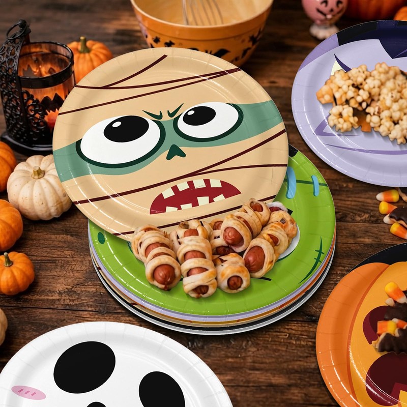 96PCS Halloween Paper Plates, Disposable Party Tableware with 6 Designs