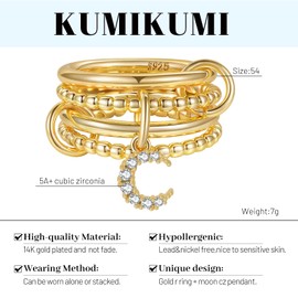 PABBEU Rings Gold Silver Waterproof Statement Ring Gold Women's Finger Ring Hypoallergenic Stackable 14K Gold-Plated Ring Set Women with Zirconia Size 54, Cubic Zirconia