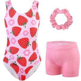 HOZIY Girl Leotard Gymnastics Sparkly Pink Strawberry Biketard Leotard with Shorts Hairband Sleeveless Unitard Tumbling Outfits Activewear Size 5-6