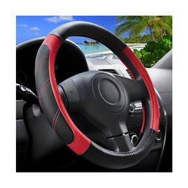 Zpana Car Steering Wheel Cover, 15 Inch Carbon Fiber Leather Non-Slip Steering Wheel Protector with Lining, Breathable Automotive Interior Accessories, Universal for SUV RV Truck (Red)