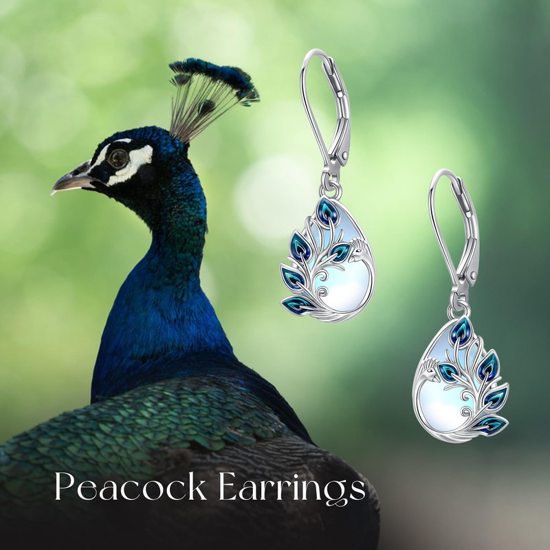 Peacock Earrings 925 Sterling Silver Peacock Earrings for Women Moonstone
