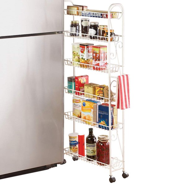 Collections Etc Slim Rolling Pantry 6-Tier Shelf, White Metal with Elegant Scroll Design Accent - Extra Kitchen and Bathroom Storage, 6"