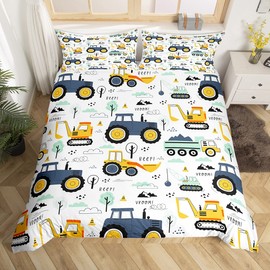 Homewish Kids Single Duvet Cover Set for Boys, Cartoon Car Excavator Tractor Bedding for Teenage Boy, Cute Equipment Trucks Quilt Cover, Yellow Blue Construction Vehicle Duvet Cover, Microfibre