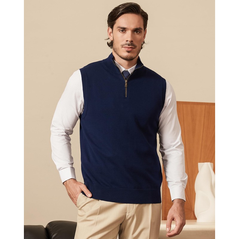 Kallspin Men’s Cotton Quarter Zip Sweater Vest Sleeveless Mock Neck