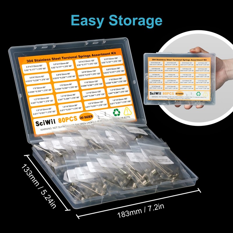 80PCS Torsion Spring Assortment Kit, 20 Sizes 60/90/120/180 Degree Small