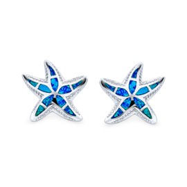 Large Nautical Hawaiian Tropical Beach Vacation Blue Inlay Created Opal Starfish Stud Earrings For Women Teens .925 Sterling Silver October Birthstone