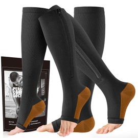 Cerpite - Calcetines de compresión con cierre, 2 pares de medias de compresión con punta abierta para hombres y mujeres, 15-20 mmHg, Negro Cobre, XX-Large