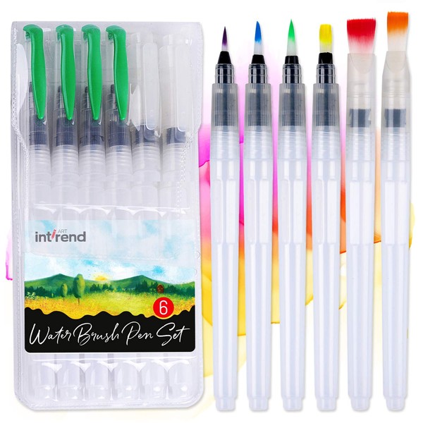 int!rend Premium Water Tank Brushes, Set of 6, Refillable, Water Tank Pen for Watercolour, Watercolour Brush Pens for Painting, Bullet Journal, Calligraphy, Hand Lettering