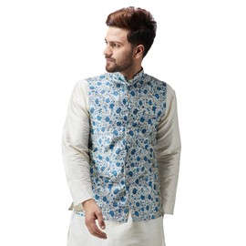 SOJANYA (Since 1958), chaqueta Nehru con estampado de mezcla de seda para hombre, Azul y blanco roto., Large