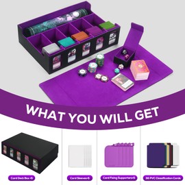 STTRBOX Trading Card Storage Box for MTG, card storage box with Commander Display，Multi-purpose Deck Case for MTG TCG Sports Card, 4 Toploaders, 4 Stoppers, 4 Colorful Dividers (Black& Purple, 5-Row)