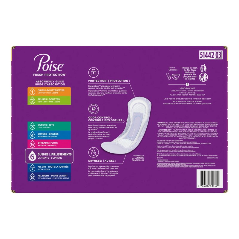 Poise Incontinence Pads for Women, 6 Drop Ultimate Absorbency, Long