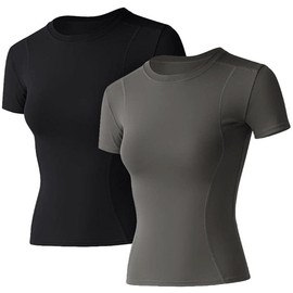 Loovoo Womens Workout Tops 2 Pack Short-Sleeves Crewneck Seamless Athletic Yoga Gym Shirts