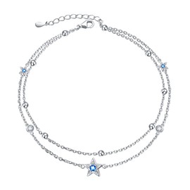 DAOCHONG Double Foot Chain Layer Ankle Bracelets for Women S925 Sterling Silver 3 Blue Stars Beads Chain Double Layer Anklet Beach Jewelry Anklet 9+1.5 inches, 10.5 inches, Sterling Silver , Rhinestone