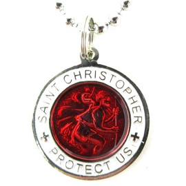 Baja Billy's St. Christopher Surf Medal Necklace Pendant, Protector of Travel re/wh Red/White Small