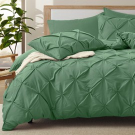 VACVELT 5 Piece Pinch Pleated Duvet Cover Full/Queen Size Set, Sage Green Pintuck Duvet Cover with Zipper & 8 Ties, Shabby Chic Microfiber Duvet Cover + 2 Pillow Shams + 2 Pillowcases, No Comforter