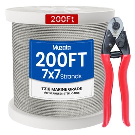 Muzata 200 ft 1/8" Stainless Steel Cable Railing System Hardware T316 Stainless Steel Wire Rope 7x7 1800 lb Breaking Strength Deck Cable Railing Kit with Wire Cutter for Indoor Outdoor Coastal WR02