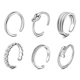 Meawaho 6PCS Silver Toe Rings for Women, Non Tarnish Adjustable Open Toe Rings, 6 Styles Toes Ring Set for Summer Women Foot Jewelry