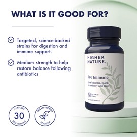 Higher Nature - Pro Immune - Triple Action Immune Support Probiotic - Live Bacteria, Black Elderberry and Zinc - 7 Bacteria Strains - 10 Billion CFUs - Vegan Probiotics - 30 Capsules