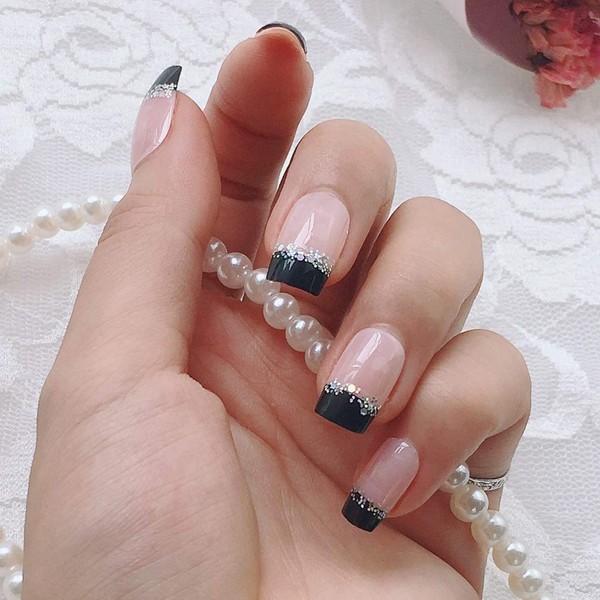 French Fake Nail Nude Nails with Black and Glitter Top False Nails for Daily Wear Medium Long Size Nails