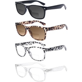 4 Pack Bifocal Reading Glasses Grey Lens Spring Hinge Outdoor Sunglasses Fashion Bifocal Sun Readers for Men Women (4 Mix C3, 3.00)