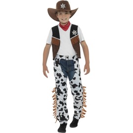 Smiffys Texan Cowboy Costume, Brown with Hat, Neck Tie, Waistcoat, Badge & Chaps, Boys Fancy Dress, Child Dress Up Costumes