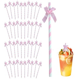 Ouliget Butterfly Stripe Paper Straws,Butterfly Ribbon Decor Disposable Party Drinking Straws, Decoration Supplies Set for Valentine's Day, Brithday, New Year, Party,40 Pieces (Pink)