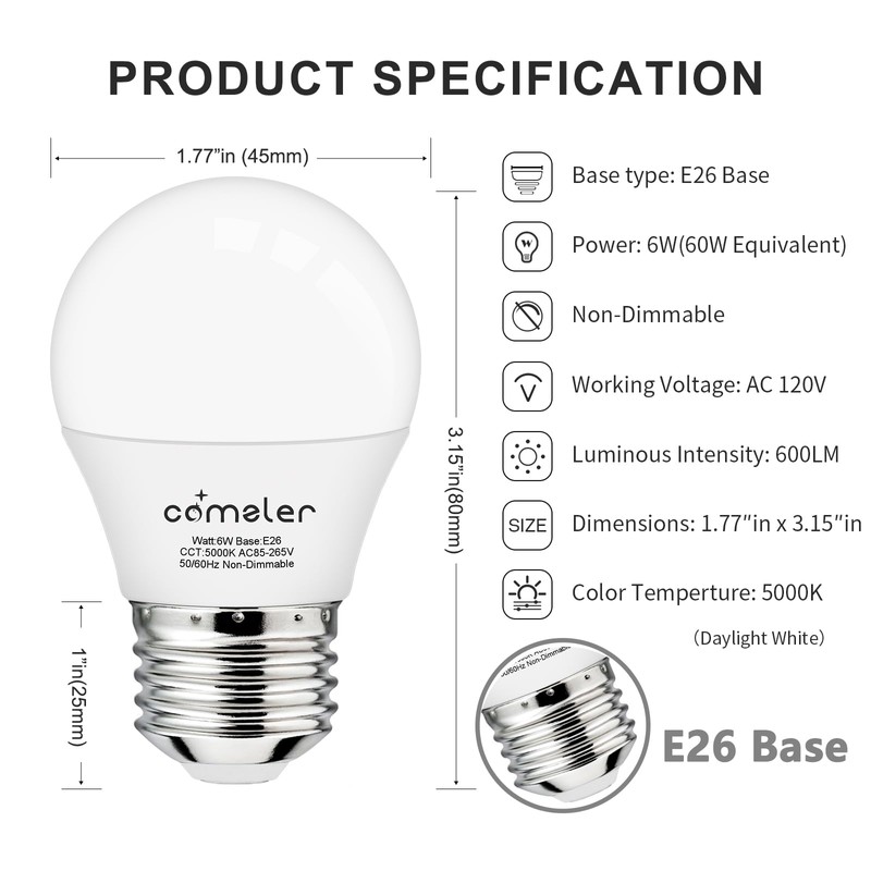 comzler 6W A15 LED Bulb Daylight 60 Watt Equivalent, E26