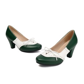 Elerhythm Women's Mary Jane 1920s Pump Heels Two Tones Classic and Retro Lace Up Wingtip 1950s Vintage Round Closed Toe 1940s Shoes, Green, 8.5