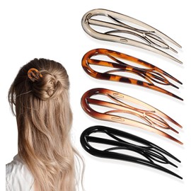 Hair Fork, 4 Pcs French Twist Hair Pin with 3 Inner Teeth Design for Fine & Thick Hairs, Secure Hold for Updos, Buns & Chignons (Multi-colored)