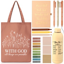 Sayglossy 11 Pcs Bible Journaling Kit Bible Study Supplies Christian 16oz Tumbler Journal Tote Bag Pen Highlighter Sticky Note Religious Gift Set for Women Back to School Teacher Student VBS(Brown)