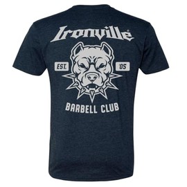 Ironville Pit Bull Barbell Club Powerlifting Soft Blend T Shirt (US, Alpha, X-Large, Regular, Regular, Art on Back - Navy Blue)