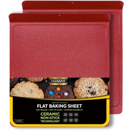 casaWare 2pc Large Flat Baking Cookie Sheet, 12.5 x 14-inch with a 1.5-inch Handle, Ceramic Non-Stick Coating (Red Granite)