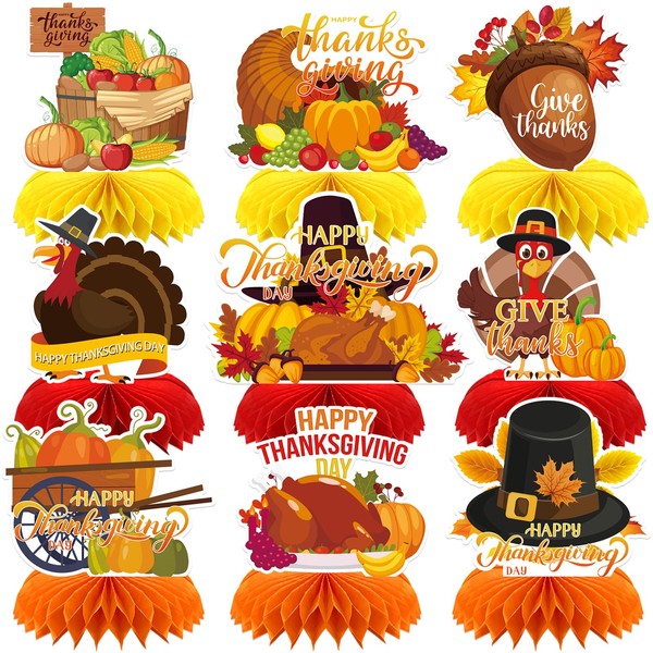9PCS Thanksgiving Honeycomb Centerpiece Turkey Pumpkin Maple Leaves Honeycomb Thanksgiving