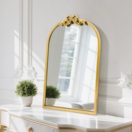TopCity Vintage Arched Gold Mirror 27"x19" Antique Bathroom Vanity Wall Mirrors with Metal Frame, Baroque Ornate Bow Decor for Living Room, Fireplace, Entryway, Hallway