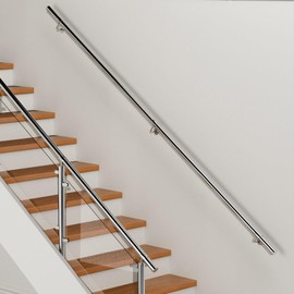 ZALNVEY 9Ft Industrial Metal Stairs Handrail Kit, Sturdy Wall Mount 304 Stainless Steel Hand Rail, Indoor Outdoor Stair Railing Wood Concrete Brick Wall,1.65 in Round Pipe Grab Bar, Silver