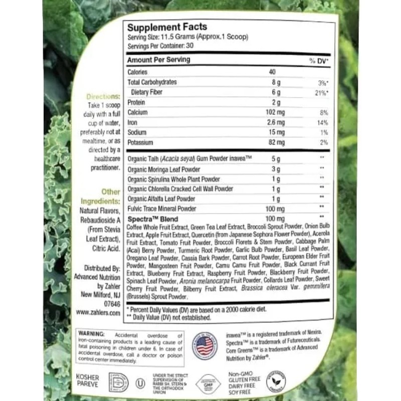 Zahler Superfood Core Greens, Plant-Based Powder Supplement, Spirulina,